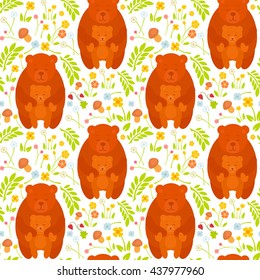 Cute vector seamless pattern with bears. Mother and baby illustration