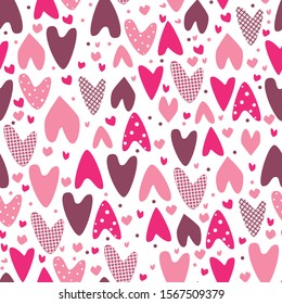 A cute vector seamless pattern with big and small hearts. Pink hearts with a geometric pattern on a white background. A stock illustration for printing on wrapping paper or fabric.