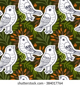 cute vector seamless pattern with bird sparrows and flowers