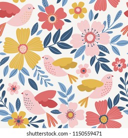 Cute vector seamless pattern with birds and flowers. Spring background.