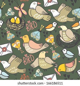 Cute Vector Seamless pattern with birds and nests.