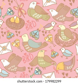 Cute Vector Seamless pattern with birds and nests.