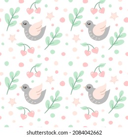 cute vector seamless pattern with birds, dots, branches, cherries, hearts and stars. cartoon background with pigeons.