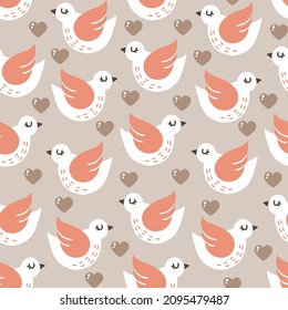 cute vector seamless pattern with birds and hearts. cartoon background with pigeons and doves.