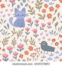 Cute vector seamless pattern with birds, cat and floral elements. Cartoon beautiful background.