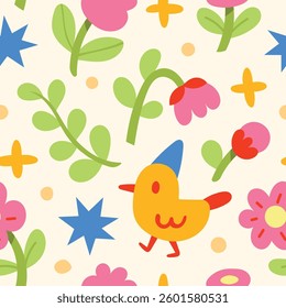 Cute vector seamless pattern with birds and floral elements. Cartoon beautiful background.