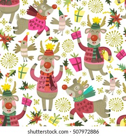 Cute vector seamless pattern of birds, Christmas toys, deers and gifts