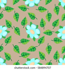 Cute vector seamless pattern. Blue flowers and green leaves on beige background. Spring and summer background.
