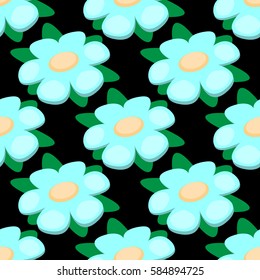 Cute vector seamless pattern. Blue flowers on black background. Spring and summer background.