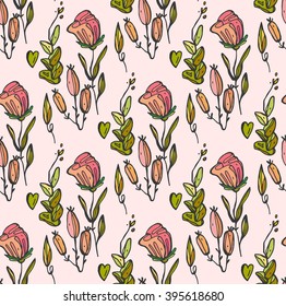 Cute vector seamless pattern with branches  and flowers in pastel colors.Floral texture in vector