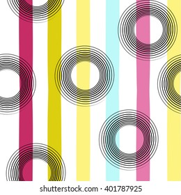 Cute vector seamless pattern . Brush strokes, circles. Stripes and circles hand drawn. Endless texture can be used for printing onto fabric or paper.