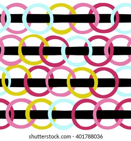 Cute vector seamless pattern . Brush strokes, circles. Stripes and circles hand drawn. Endless texture can be used for printing onto fabric or paper.