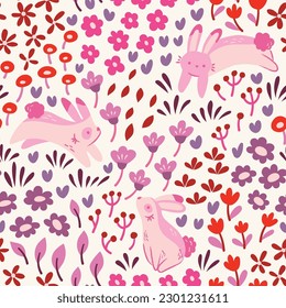 Cute vector seamless pattern with bunny and floral elements. Cartoon beautiful background.