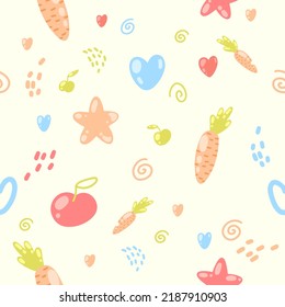 Cute vector seamless pattern with carrots, hearts, stars and berries drawn in pastel colors
