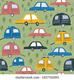 Cute Vector Seamless Pattern of Cars in Bright Color Palette.