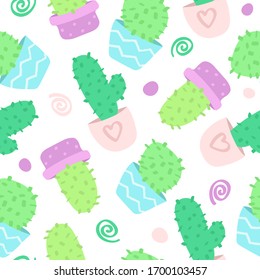 cute vector seamless pattern with cartoon cacti in colorful pots on a white background. it can be used as Wallpaper, background, print, textile design, notebooks, phone cases, packaging paper.