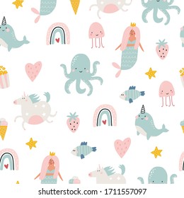 Cute vector seamless pattern with cartoon mermaid. Funny print for children. Ideal for fabrics and newborn bedroom decor.