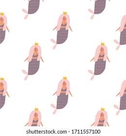 Cute vector seamless pattern with cartoon mermaid. Funny print for children. Ideal for fabrics and newborn bedroom decor.