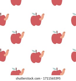 Cute vector seamless pattern with cartoon Apple with a worm. Funny print for children. Ideal for fabrics and newborn bedroom decor.