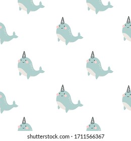 Cute vector seamless pattern with cartoon narwhal. Funny print for children. Ideal for fabrics and newborn bedroom decor.