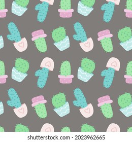 cute vector seamless pattern with cartoon cacti in pots. it can be used as wallpaper, poster, print for clothing, fabric, textiles, notebooks, packaging paper.