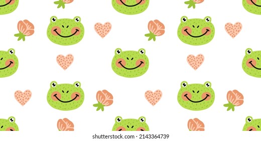 Cute Vector Seamless Pattern with Cartoon Smiling Green Frogs, Rose Flowers and Hearts. Children's print, Frog pattern.