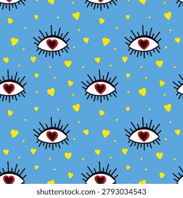 Cute vector seamless pattern with cartoon open eyes, red hearts and yellow dots on blue background. Esoteric abstract texture for modern textile, wrapping paper, teen fashion print and wallpaper.