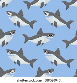 Cute Vector Seamless Pattern With Cartoon Sharks on Light Blue Background