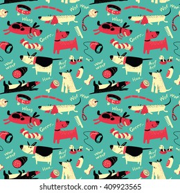 Cute vector seamless pattern with cartoon funny dogs and their ammunition