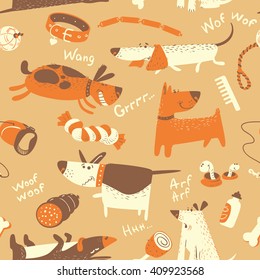 Cute vector seamless pattern with cartoon funny dogs and their ammunition