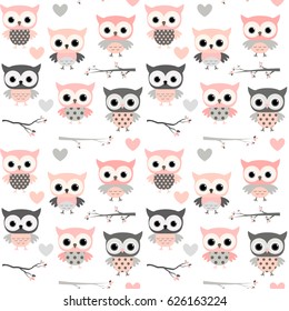 Cute vector seamless pattern with cartoon owls, hearts and branches in pink and grey colors for girl clothing, scrapbooking and nursery decor