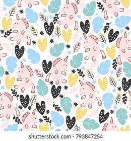 Cute vector seamless pattern with cartoon unicorns and other decorative elements.