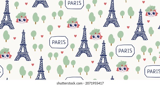 Cute vector seamless pattern with cat in Paris, urban streets. Cute romantic touristic pattern design
