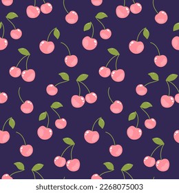 Cute vector seamless pattern with cherry and leaves on dark background