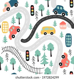 cute vector seamless pattern with childrens drawing - street traffic with cars, road, trees. illustration in flat style for printing on clothing, fabric, wrapping paper