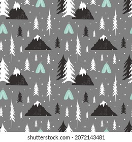 cute vector seamless pattern with childrens drawing -  snow forest, mountains, trees. flat illustration in scandinavian style for printing on clothing, fabric, wrapping paper
