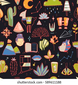 Cute vector seamless pattern with Chile elements like llama, cactuses, flowers, drinks, ice cream , book and so on