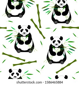 Cute vector seamless pattern with Chinese bear. Panda with bamboo branches. Childish background with rare animal.