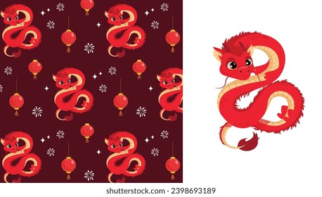 Cute vector seamless pattern of Chinese red dragon and Chinese lanterns