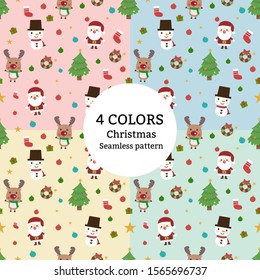 Cute vector seamless pattern, Christmas Characters. Santa Claus, reindeer, snowman, Christmas tree, ornaments, gifts. 4 different colors.