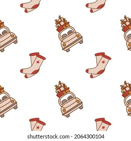 Cute vector seamless pattern with Christmas illustrations. Nice details: socks, car with presents. Illustration for wrapping paper, decoration, textile.