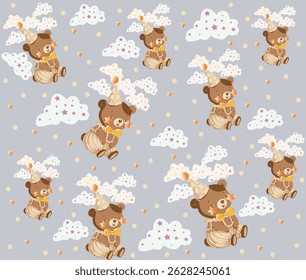Cute vector seamless pattern with clouds, stars, party bear. Doodle drawings for children. Cute bear for kids, unisex textile design