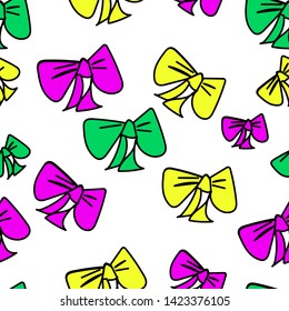 Cute vector seamless pattern with colored cartoon bows on dark green background, fabric blank, packing pattern, design