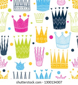 Cute vector seamless pattern with colorful crowns. Can be used for wallpaper, textile, invitation card, wrapping, web page background.
