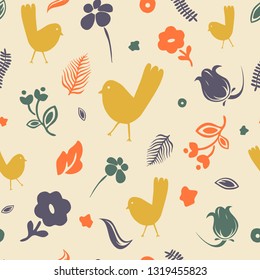 Cute vector seamless pattern. Colorful botanical elements - flowers, birds, leaves - isolated on yellow background. Unique abstract texture for invitations, cards, websites, wrapping paper, textile