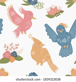 Cute vector seamless pattern. Colorful Botanical elements-flowers, birds, leaves-are isolated on a white background.Texture for invitations, postcards, websites, wrapping paper, textiles