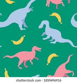 Cute vector seamless pattern with colorful dinosaurs and bananas on turquoise background. Cool dinos, for kids, kawaii reptiles with fruits, velociraptor, brontosaurus.