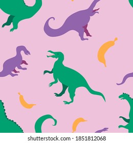 Cute vector seamless pattern with colorful dinosaurs and bananas on pastel pink background. Cool dinos, for kids, kawaii reptiles with fruits, velociraptor, brontosaurus.