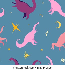 Cute vector seamless pattern with colorful dinosaurs, moons and stars on dusky blue background. Cool dinos, for kids, kawaii reptiles with stars, velociraptor, brontosaurus.