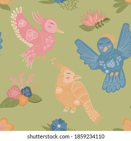 Cute vector seamless pattern. Colorful Botanical elements-flowers, birds, leaves-isolated on a green background.Texture for wrapping paper, textiles